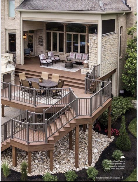 Two Level Covered Deck Ideas, Second Story Decks And Porches, Elevated Back Porch Ideas, Deck Across Entire Back Of House, Three Level Deck, 3 Story Deck, Multilevel Deck Ideas, Upper Deck Ideas Second Story, Second Level Deck Ideas