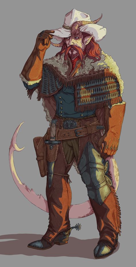 Cowboy Wizard Dnd, Cowboy Dnd Character Art, Dnd Charlatan, Fantasy Western Art, Tiefling Variant, Dnd Cowboy Character Art, Tiefling Cowboy, Dnd Wild West, Western Character Art