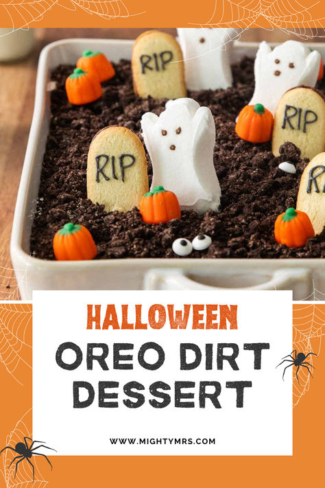 This Halloween Oreo dirt dessert is perfect for all your Halloween parties. It's a blend of pudding, cream cheese and Cool Whip layered with crushed Oreos that looks like, well, dirt! This is such a fun dessert that kids and adults love! It tastes amazing, it's easy to make, and it's just so fun to eat dirt. It's a classic American dessert! Worms In Dirt Halloween Dessert, Dirt And Worms Dessert Easy, Halloween Party Food Desserts Easy, Grave Yard Pudding, Halloween Cool Whip Desserts, Dirt Sundae Recipe, Dirt Pudding With Cream Cheese, Halloween Dirt And Worms, Cup Of Dirt Dessert Halloween