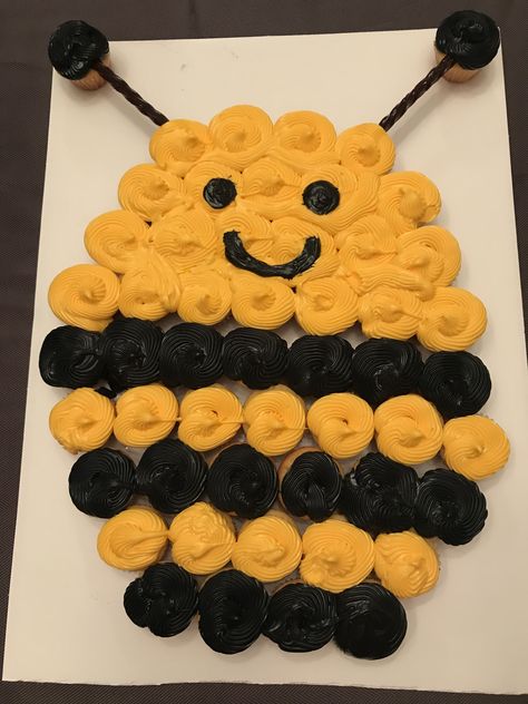 Bee Cupcake Cake, Bee Party Desserts, Bumble Bee Party Theme, Bumble Bee Themed Birthday Party, Bumblebee Birthday Party Ideas, Bee Theme Party Ideas, Bee Themed 3rd Birthday Party, Bumble Bee Party Food, Bumble Bee Party Decorations