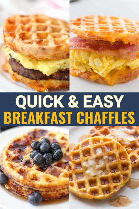 Keto Breakfast Chaffle Stacks - Fluffy low carb chaffle waffles piled with savory and sweet toppings make the perfect quick breakfast! This mouthwatering image shows a loaded bacon egg and cheese chaffle sandwich alongside a sweet berry mascarpone stack and pumpkin spice chaffle wedges. Easy 5 ingredient chaffle recipe included as well as modifications for sweet or savory. These crispy, custom chaffle stacks fit gluten free, keto, whole30, vegetarian and more diets. Affordable pantry ingredients Low Carb Breakfast For Work, Low Carb Breakfast Chaffle, Bacon And Egg Chaffle, How To Make A Chaffle, Keto Mini Waffles, Crisp Waffle Recipe, Eggless Chaffle Keto, Healthy Mini Waffle Maker Recipes, Keto Peanut Butter Chaffles