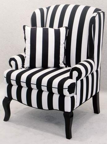 Now, I think this might be a little much for me. I don't want it to look like Tim Burton attacked my house, and white is NOT a color I love, but I love contrast. Striped Armchair, Black And White Chair, Funky Chairs, Striped Chair, Color Black And White, Chair Makeover, Black And White Decor, White Chair, Vintage Chairs