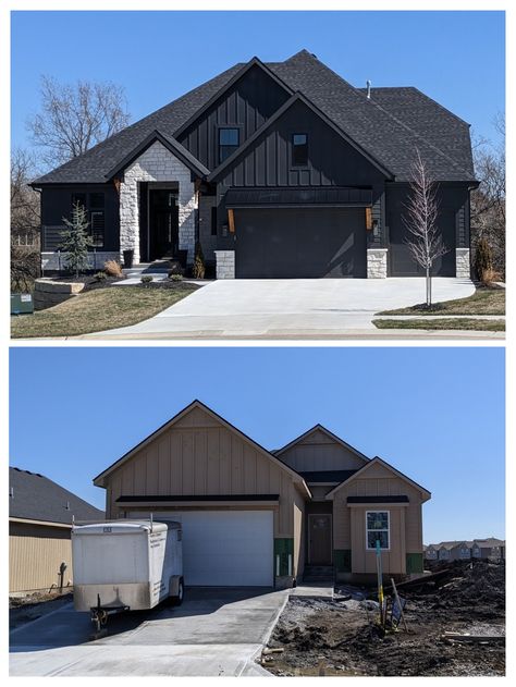 Charcoal Grey House Interior, Black White Stone Exterior, Black White Oak House Exterior, Dark Siding With Stone Exterior, Charcoal And White House Exterior, Dark Exterior With Light Stone, Black House With White Stone, Charcoal Siding House, Dark Charcoal House Exterior