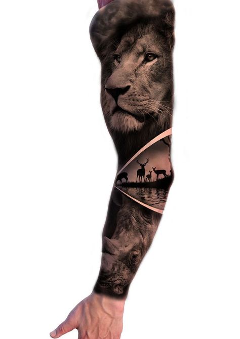 Forest Tattoo Sleeve, Chicano Tattoos Sleeve, Animal Sleeve Tattoo, Hyper Realistic Tattoo, Nature Tattoo Sleeve, Thigh Tattoo Designs, Safari Art, Chicano Style Tattoo, Chicano Tattoos