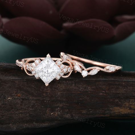 Princess cut moissanite ring set Unique rose gold engagement ring set Dainty diamond bridal set Twist promise ring Antique marriage ring ● Engagement Ring information: --main stone: Moissanite --stone size & shaped: 6.5mm & Princess cut --side stones: Moissanite or Diamond --side stone weight: about 0.22ct ● Wedding Band information: --stone: Moissanite or Diamond  --stone weight: 0.17ct --shape: marquise/round --band width & thickness: 1.2mm & 1.2mm ● Optional service: --personalized order --ru Vintage Princess Cut Rings, Rotated Princess Cut Engagement Ring, Vintage Princess Cut Engagement Ring, Marquise Diamond Ring With Band Bridal Sets, Tilted Princess Cut Engagement Ring, Marquise Diamond Ring Silver, Unique Princess Cut Engagement Rings, Bridal Ring Sets Princess Cut, Rose Gold Princess Cut Engagement Ring