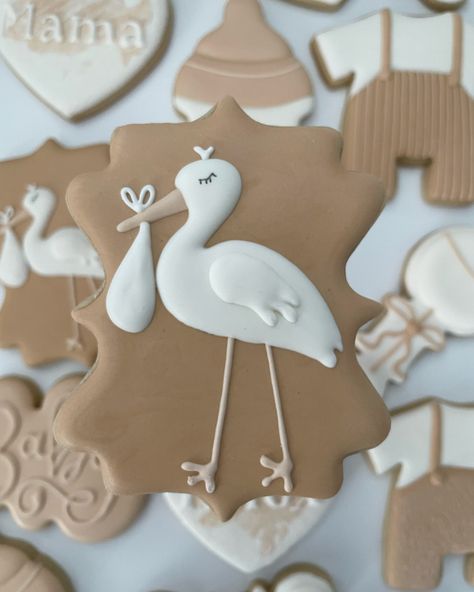 Stork Tea Ideas, Stork Cookies, Stork Baby Shower Ideas, Stork Cookies Decorated, Stork Baby Shower Theme, Stork Cake, Baby Shower Sugar Cookies, We’re Expecting Cookies, Adoption Shower