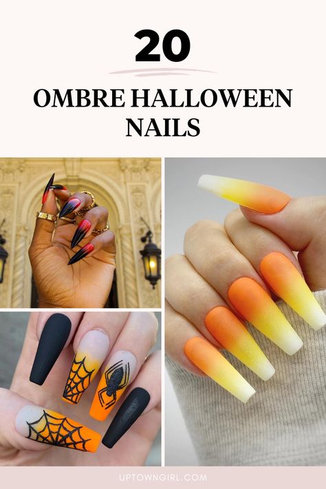 Ombre Candy Corn Nails, Halloween Nail Designs Candy Corn, Halloween Ombre Nails Acrylic, Orange And Black Halloween Nails Acrylic, Halloween Ombre Nails Coffin, Black Ombre Nails Halloween, Black And Orange Ombre Nails Halloween, Black Ombre Halloween Nails, Halloween Dip Powder Nail Ideas