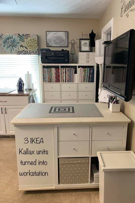 Craft Room With Island Work Spaces, Family Room Craft Room Combo, Home Office Sewing Room Combo, Project Room Ideas, Craft Room Library Combo, Office Sewing Room Combo, Small Office Craft Room Combo, Cricut Desk Ideas, Craft Room Layout Ideas Floor Plans