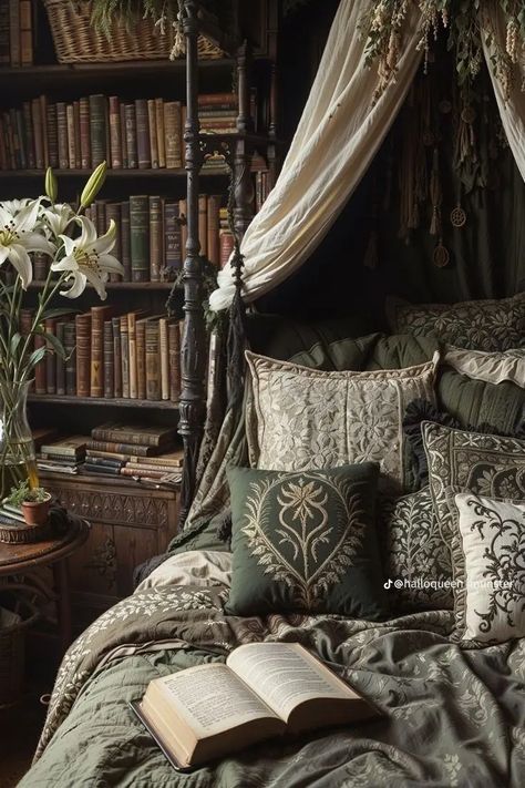 Dark Rustic Aesthetic, Moody Whimsical Bedroom, Book Bedroom Aesthetic Cozy, Rustic Moody Bedroom, Dark Cozy Bedroom Ideas Romantic, Moody Romantic Bedroom, Dark Cozy Bedroom, Romantic Bedroom Design, Simple Vase