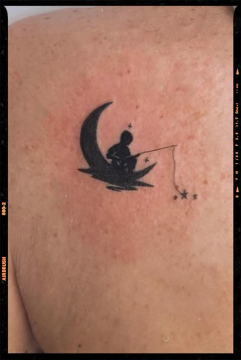 Pics edited by AirBrush App. Filter: Color +ult-3 • MOON TATTOO .#airbrush #retouch #photoeditor #filter #airbrushmakeup #airbrushart #airbrushfilter #inspiration #moon #moontattoo #minimalist Disney Moon Tattoo, Fishing On The Moon Tattoo, Man In The Moon Tattoo Designs, Small Moon Tattoo Men, Moon Man Tattoo, Sitting On The Moon Tattoo, Dreamworks Moon, Man On The Moon Tattoo, Man In The Moon Tattoo