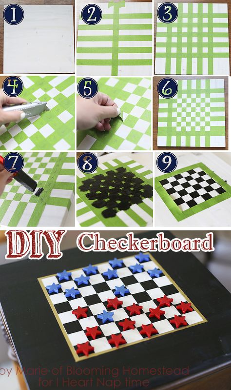 DIY Checker board game on iheartnaptime.com -fun idea for the 4th! The stars are wood shapes (found in the bare wood crafts isle at larger craft stores) Diy Checkerboard, Checkerboard Table, Checkers Board Game, Board Games Diy, Checkers Game, Checker Board, Fabulous Diy, Diy Chalkboard, Diy Games