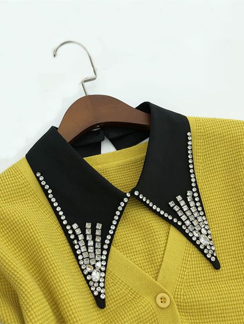 Black    Polyester   Embellished Non-Stretch  Women Accessories Dickey Collar, Illustration Practice, Neck Ruffle Collar, White Collared Blouse, Diy Collar, Diy Fabric Jewellery, Rhinestone Collar, Embellished Collar, Fake Collar