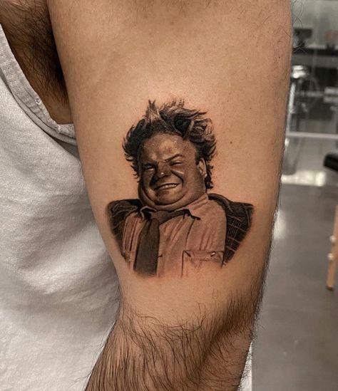 Chris Farley Tattoo, Adam Sandler Tattoo Ideas, Adam Sandler Tattoo, Stand By Me Tattoo, Indian Feather Tattoos, Mini Portrait, Me Tattoo, Angel Tattoos, Chris Farley