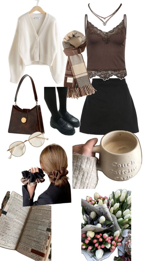 Spring outfit for brown aesthetic girlie beige aesthetics spring season black skirt brown tank top white cardigan black loafers books readers flowers Beige Aesthetics, Brown Tank Top, Brown Cardigan, Tank Top White, Black Loafers, Cardigan Black, Brown Aesthetic, White Cardigan, Spring Season