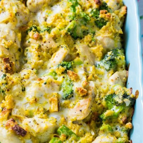 Cheesy Chicken and Broccoli Casserole - Spicy Southern Kitchen Broccoli And Stuffing Casserole, Casserole With Cornbread, Cheesy Chicken And Broccoli, Chicken And Dressing Casserole, Broccoli Recipes Casserole, With Cornbread, Chicken Broccoli Rice, Cornbread Stuffing, Chicken Tikka Masala Recipes