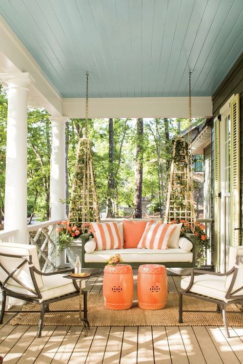 Inspirational Front Porch Decorating Ideas | The Turquoise Home Farmhouse Porch Swings, Front Porch Seating, Blue Porch Ceiling, Porch Kits, Front Porch Swing, Haint Blue, House Front Porch, Sunday Friends, Porch Ceiling