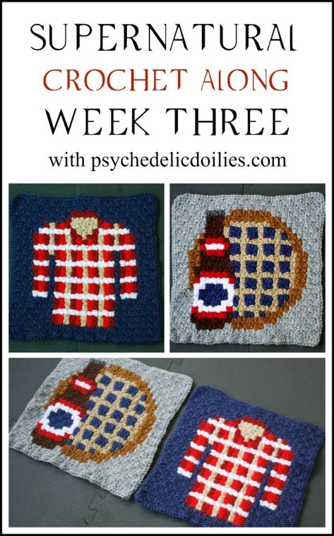 Supernatural Crochet Along Week 3 - Flannel shirt, pie, and beer. A Winchester starter kit! Crochet Supernatural, Supernatural Crochet, Easy Crochet Blanket Patterns, Crafts Organization, Grid Crochet, C2c Patterns, Crochet Graphs, Crocheted Blankets, Crochet Blanket Pattern Easy