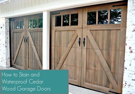 from Gardners 2 Bergers: DIY "Barnwood" Garage Doors Cedar Wood Projects Diy, Cedar Garage Door, Cedar Wood Projects, Carriage House Doors, Oak Wood Stain, Cedar Stain, Wooden Garage Doors, Garage Door Types, Garage Door Styles