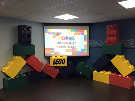 Lego Set from Christian Life Fellowship in Mayville, WI | Church Stage Design Ideas Lego Vbs, Lego App, Maker Fun Factory Vbs, Lego Camp, Maker Fun Factory, Lego Decorations, Lego Theme, Church Stage Design Ideas, Stage Designs