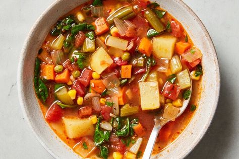 Vegetable Soup Recipe - NYT Cooking Vegetable Soup Recipes, Nyt Cooking, Cooking Guide, Fresh Corn, Gazpacho, Vegetable Soup, Seasoning Mixes, White Beans, Everyday Food