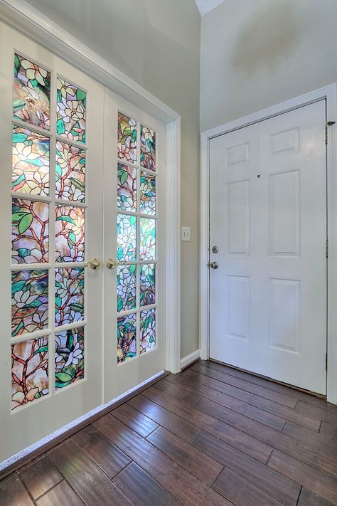 French Door Frosted Window, Stained Glass Office Doors, Stained Glass French Doors Interior, Stained Glass French Doors, French Doors Interior Privacy, Glass Door Art, Window Film Ideas, Window French Doors, Panel Door Makeover