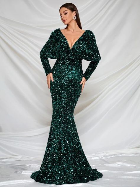 Green Couture, Sequin Mermaid Dress, Emerald Dress, Mesh Bridesmaids Dress, Gigot Sleeve, Emerald Green Wedding, Colorful Dresses Formal, Prom Dress Plus Size, Mother Of The Bride Gown