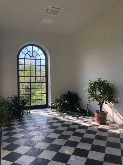 checker checked floor interior design garden plants flowers trees window sunshine Check Board Floor, Checkered Floor Aesthetic, Checkered Hallway, Checkered Floor Dining Room, Checkered Floor Sunroom, Checkered Floor Living Room, Checkered Board Floor, Checkered Floor Bedroom, Green Checkered Floor