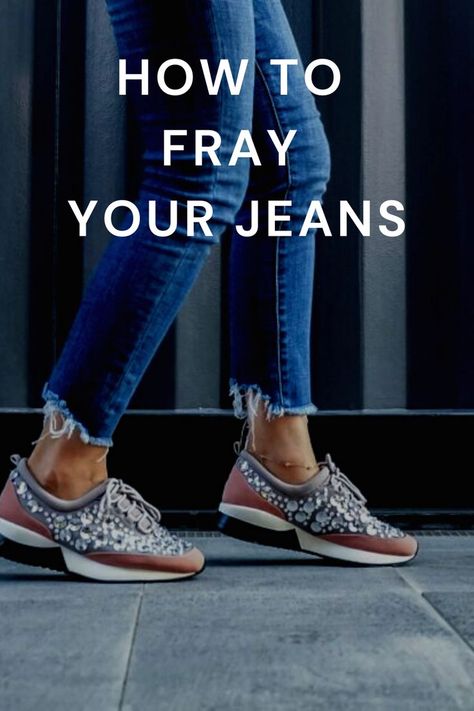 how to fray jeans Jeans Frayed Ankle, How Do You Fray The Bottom Of Jeans, How To Distress The Bottom Of Jeans, Jean Hems Ideas, How To Crop Jeans Diy, How To Frey Blue Jeans, Cut Off Jeans Ankle, Cut Jeans Ankle Diy, How To Fray Jeans At The Ankle