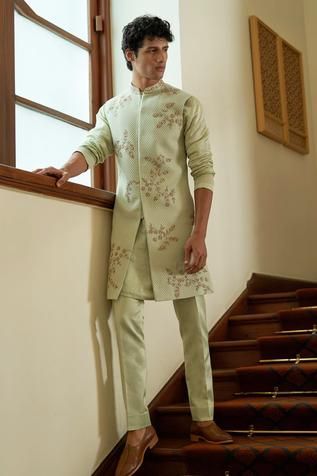 Green Sherwani For Men, Green Sherwani, Wedding Kurta For Men, Placement Embroidery, Mens Sherwani, Sherwani For Men, Kurta Men, Wedding Outfit Men, Formal Pants