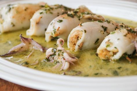 Stuffed Calamari – David Rocco Stuffed Calamari, David Rocco, Calamari Recipes, Squid Recipes, Calamari, Fish Dishes, Seafood Dishes, Mediterranean Recipes, Fish And Seafood