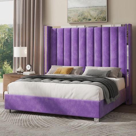 Jocisland King Size Bed Frame with 58" Tall Headboard, Velvet Upholstered Platform Bed with Channel Tufted Wingback Headboard and Plating Trim, No Box Spring Needed, Purple Headboard Velvet, Bedroom Moodboard, Letto King Size, Box Springs, Tall Headboard, King Size Bed Frame, Wingback Headboard, Queen Bed Frame, Chrome Metal