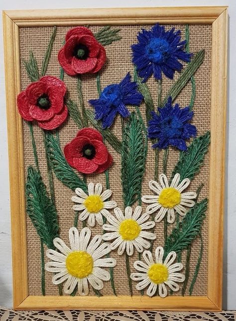 Crochet Flowers On Canvas, Crochet Wall Art, Free Crochet Doily Patterns, Filet Crochet Charts, Jute Crafts, Form Crochet, Crochet Plant, Burlap Crafts, Crochet Decoration