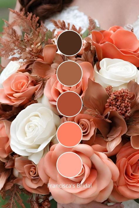 Wedding Color Decorations, Burnt Orange And Light Pink Wedding, Coral Themed Wedding, Brown And Peach Wedding, Apricot Crush Wedding Theme, Salmon Wedding Colors, Burnt Orange And Pink Wedding, Summer Color Palette Wedding, Coral Fall Wedding