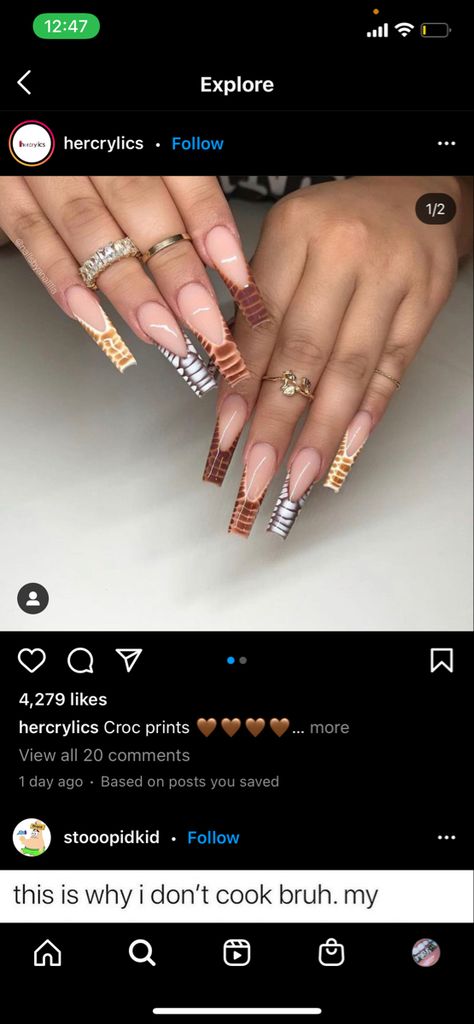 Croc Print Nails, Almond Acrylic Nails Designs, Print Nails, French Nail Designs, Almond Acrylic Nails, Croc Print, Pretty Acrylic Nails, Cute Acrylic Nails, Acrylic Nail Designs