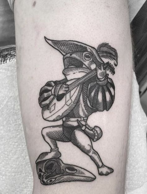 Medieval Frog Art, Medevil Style Tattoos, Medieval Jester Tattoo, Medieval Knight Tattoo Design, Medieval Frog Tattoo, Knight Hand Tattoo, Frog Knight Tattoo, Small Medieval Tattoo, Lady Knight Tattoo