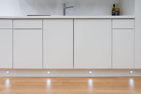 Plinth/kickboard lighting is a must. Under Cupboard Lighting, Plinth Lighting, Kitchen Plinth, Accessible Kitchen, Cupboard Lights, Furniture Fittings, Kitchen Cupboard Doors, Bright Kitchens, Kitchen Extension