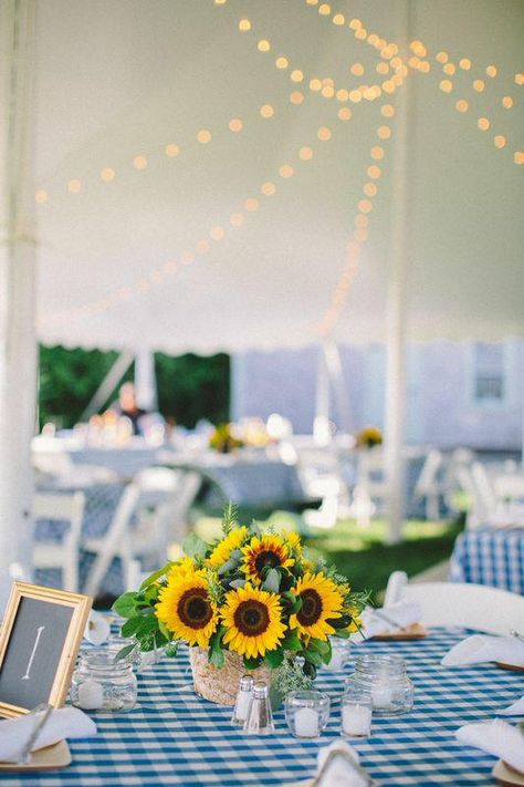 These blue checkered table cloths paired with sunflowers are the perfect settings for a New England Inspired Lobster Bake! Yellow Table Cloth Party Ideas, Wedding Decisions, Yellow Picnic, Checkered Table, Lobster Bake, Sr 25, Backyard Barbeque, Sunflower Party, Park Picnic