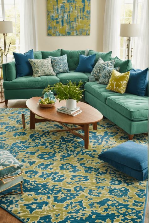 Blue And Green Room, Blue And Green Combination, Green Family Rooms, Emerald Green Living Room, Blue Kitchen Interior, Green Bookshelves, Blue And Green Living Room, Green Living Room Ideas, Light Green Walls