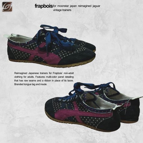 Frapbois for Moonstar Japan Reimagined Jaguar Vintage Trainers Reimagined Japanese trainers for Frapbois’ non-adult clothing for adults. Features multi-color panel detailing that has raw seams and a ribbon in place of its laces. Branded tongue tag and insole. Moonstar is an icon in Japan and is seen as its national shoe manufacturer. Remaining to be made in Kurume, the rubber tabis from their 19th century which uses traditional manufacturing techniques, inspired countless silhouettes for th... Jaguar Vintage, Vintage Trainers, Jaguar, 19th Century, Multi Color, Adult Outfits, Ribbon, Japan, Lace