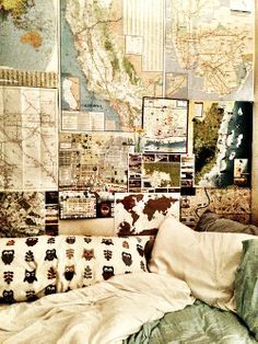 when I watched We need to talk about Kevin I was taken with her idea of using maps she had saved from her travels to line the walls. Ivy House, Map Wall, My New Room, Apartment Living, Decoration Design, Dream Room, New Room, Dorm Decorations, My Dream Home