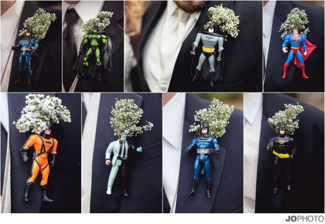 superhero-boutonnieres Corsage Alternatives, Batman Wedding, Superhero Wedding, Geek Wedding, Knoxville Wedding, Blushing Bride, Wedding Groomsmen, Ding Dong, Baby's Breath