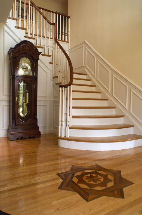 Photo of a flared stair with wood balusters and a curved handrail. Stair features paneled wainscoting. Paneled Wainscoting, Curved Handrail, Straight Staircase, Wood Balusters, Reno Ideas, Wainscoting, Home Reno, Old World, Reno