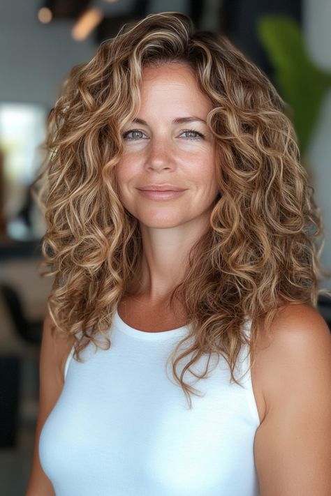 Smiling woman with curly hair wearing a white tank top in a casual setting. Balayage Hair For Curly Hair, Highlights Brown Curly Hair Natural, Golden Balayage Curly Hair, Shadow Root Curly Hair, Highlights On Light Brown Curly Hair, Naturally Curly Balayage, Blonde Curly Hair Color, Caramel Blonde Curly Hair, Balayage Hair Blonde Curly