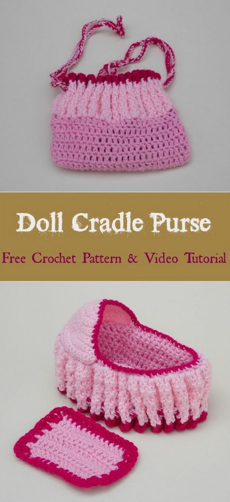 This is a lovely child’s purse that turns into a cradle with a little doll in it. If you fold down the drawstring top, it becomes a cradle with hood/bonnet for baby to lay in. The Doll Cradle Purse Free Crochet Pattern is fun to design as it serves multiple purposes. A little girl can pack up her purse and go or cradle her baby in her little crib. Your little girl will love this pink purse with multi-colored ruffle trim and its drawstring handle enabling the baby doll to be carried out and about Purse Patterns Free, Doll Cradle, Kids Purse, Crochet Shell Stitch, Crochet Doll Clothes, Tutorial Crochet, Crochet Bags Purses, Crochet Purse Patterns, Crochet Doll Pattern