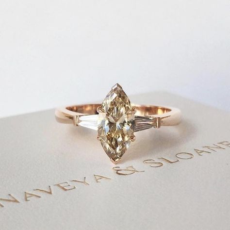 Marquise Engagement Ring Baguette, Marquise Rings Engagement, Champagne Marquise Diamond Ring, Champagne Gold Ring, Marquise Baguette Ring, Champagne Wedding Ring, Marquise With Baguettes Ring, Marquise And Baguette Engagement Ring, Marquise Engagement Ring With Baguettes