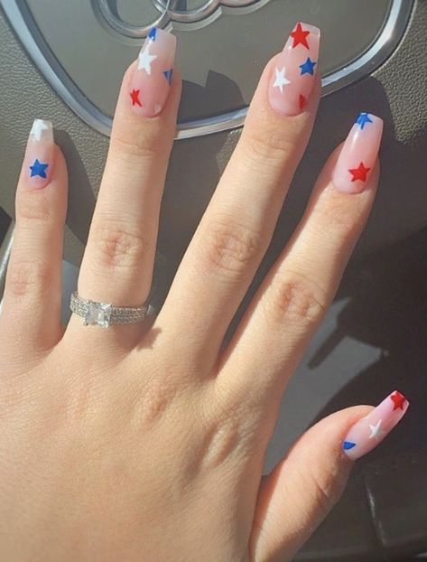 Short Square Acrylic Nails 4th Of July, Coffin Fourth Of July Nails, 4th Of July Nails Oval Shape, French Tip Nails With Design Fourth Of July, Fourth Of July Coffin Nails, Red White And Blue Star Nails, Summer 4th Of July Nails, 4th Of July Nails Coffin Shape, 4th Of July Short Square Nails