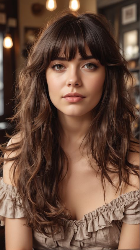 23 Mid Length Hair with Bangs: Top Styles and Tips Surfer Bangs, Bangs Medium Wavy Hair, Bangs Long Hair Layers, Heavy Bangs Long Hair, Bridal Hair With Bangs, Long Shag With Bangs, Fringe Long Hair, Long Straight Hair With Bangs, Mid Length Hair With Bangs