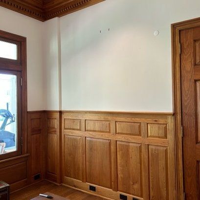 Full Room of Oak Custom Paneled Wainscoting | Hudson Valley House Parts Paneled Wainscoting, Double Casement Windows, Valley House, Casement Windows, Wainscoting, Hudson Valley, French Doors, Doors, Interior Design