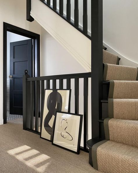 Funky Carpet, Stair Carpet Ideas, Carpet For Stairs, Stairs And Hallway Ideas, Black Staircase, Entrance Hall Decor, Carpet Staircase, Staircase Runner, Hallway Colours