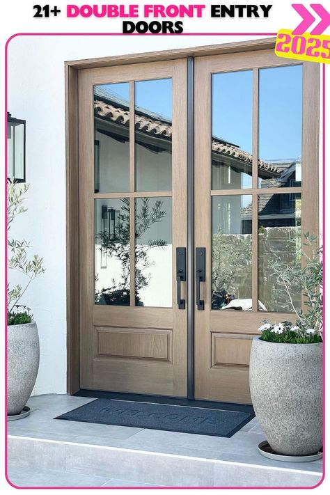 Modern wooden double front entry door with glass panes, bringing warmth and style to the entrance. The glass panes add brightness, making this door both functional and beautiful. Patio Doors Ideas, Patio Door Ideas, Outdoor French Doors, Upvc Patio Doors, French Doors Patio Exterior, Double Front Entry Doors, Entry Door With Sidelights, Entry Door Designs, Front Entry Door